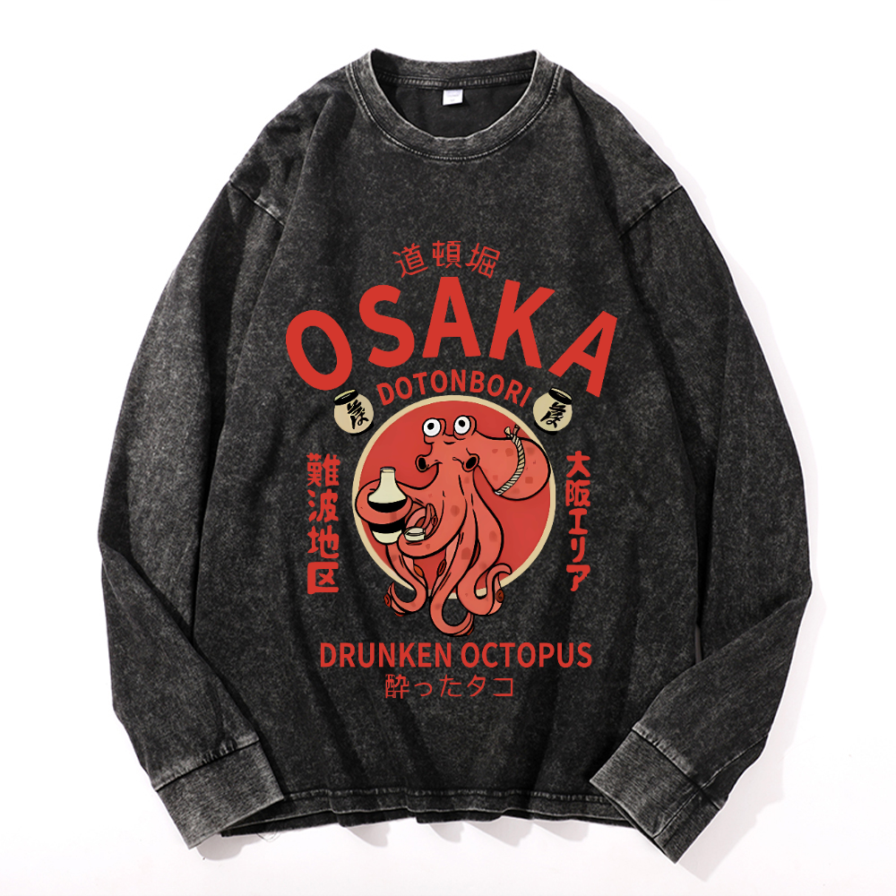 Osaka Dotonbori Drunken Octopus Vintage Cotton Wash Crewneck Long-Sleeve T-Shirt
