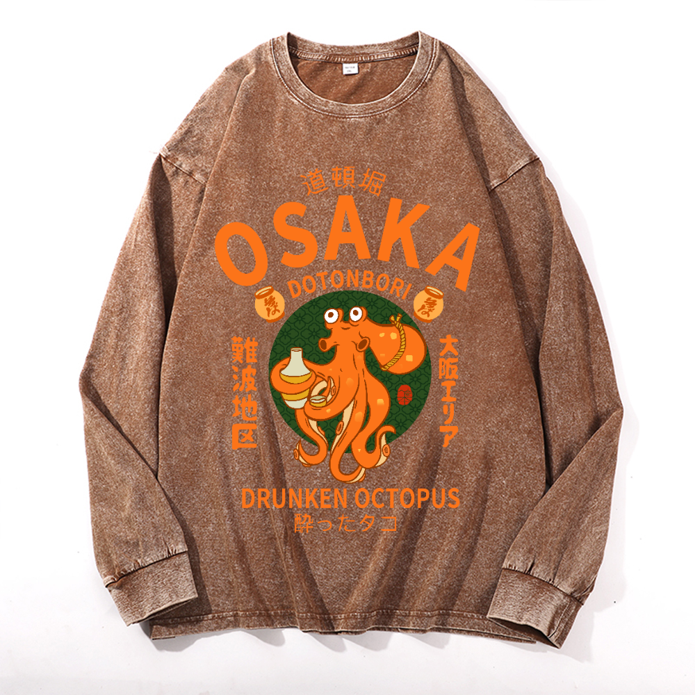 Osaka Dotonbori Drunken Octopus Vintage Cotton Wash Crewneck Long-Sleeve T-Shirt