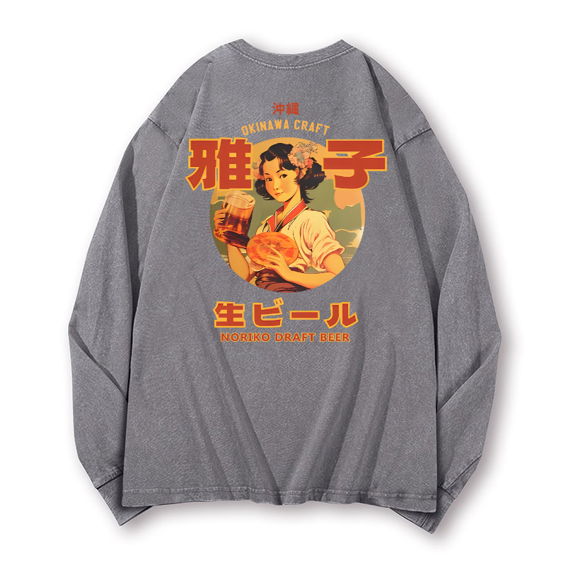 Noriko Draft Beer Vintage Washed Cotton Back Art Long-sleeve T-shirt