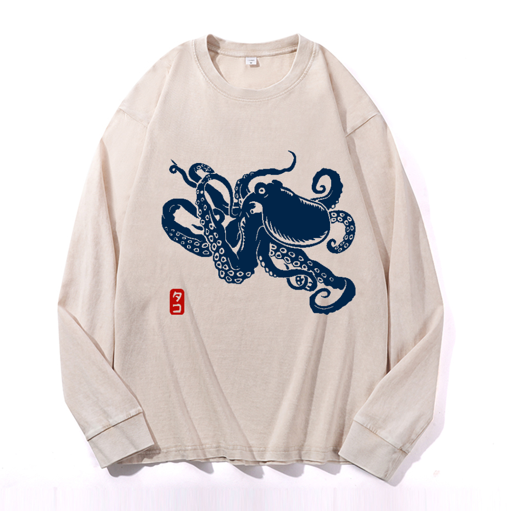 Octopus Vintage Cotton Wash Crewneck Long-Sleeve T-Shirt