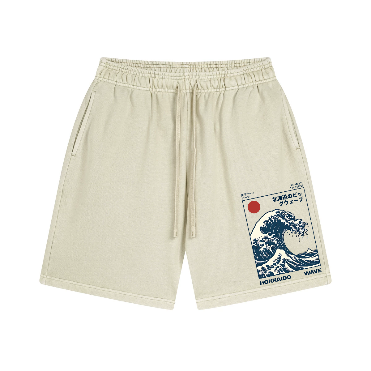 Hokkaido Wave Ukiyoe Vintage Pure Thick Cotton Shorts