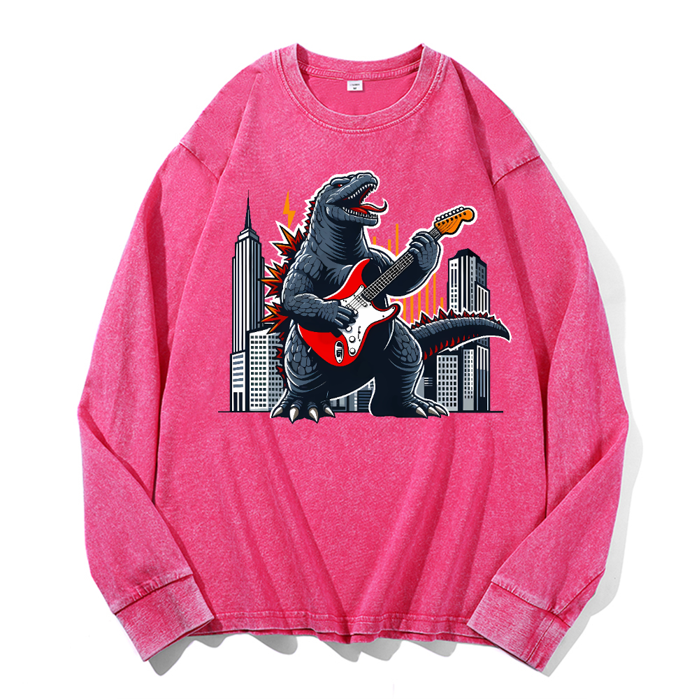 Rock Kaiju Vintage Cotton Wash Crewneck Long-Sleeve T-Shirt