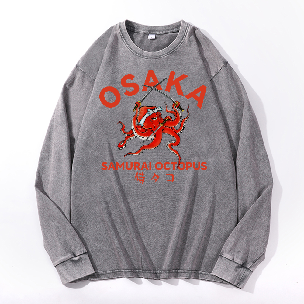 Samurai Octopus Vintage Cotton Wash Long-sleeve T-shirt