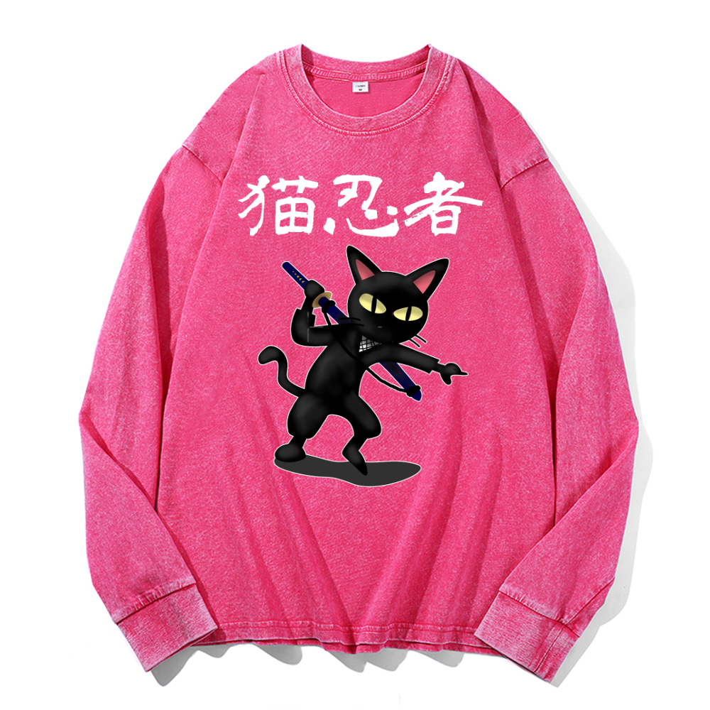 Cat Ninja Vintage Cotton Wash Crewneck Long-Sleeve T-Shirt