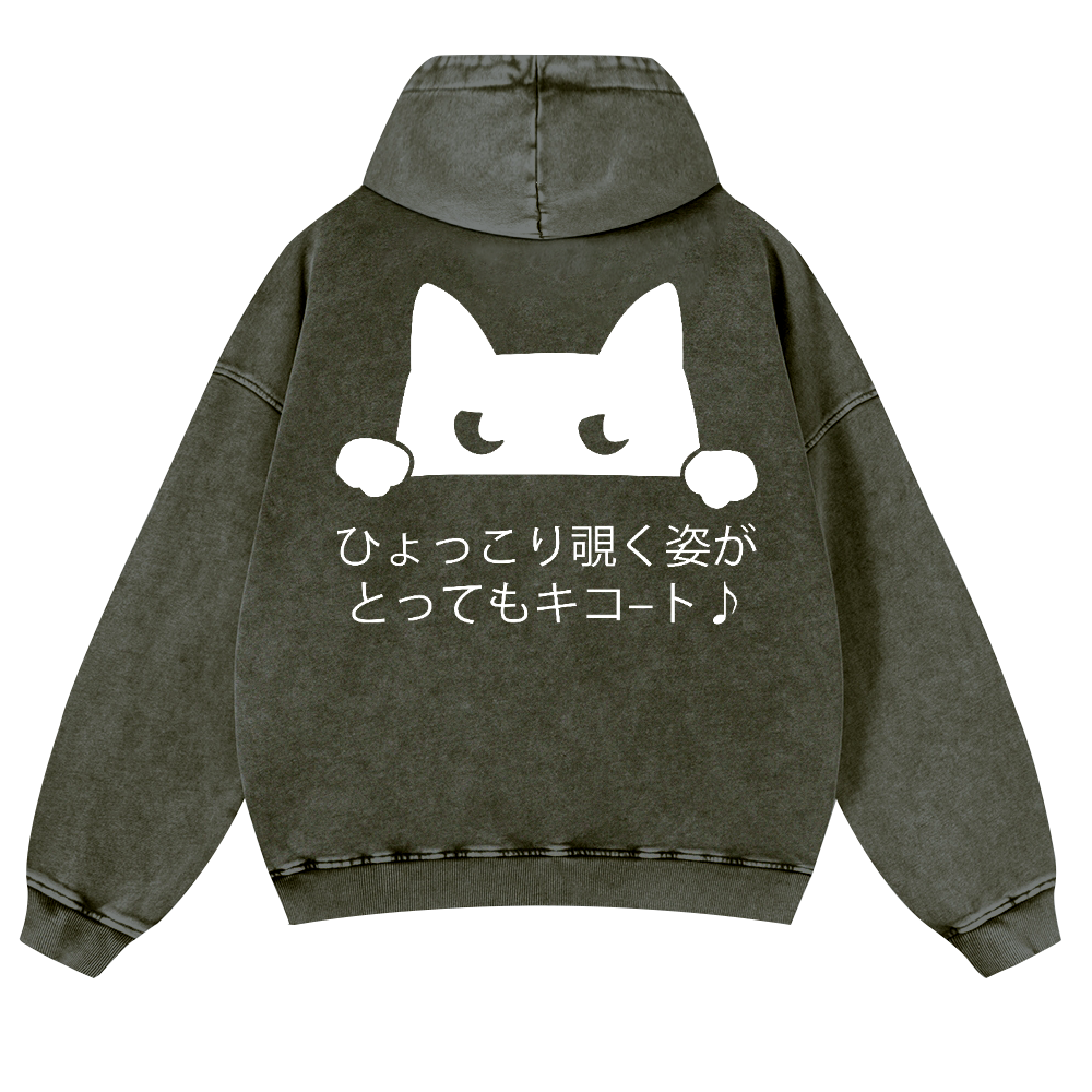 Cat Vintage Washed Cotton Back Art Hoodie