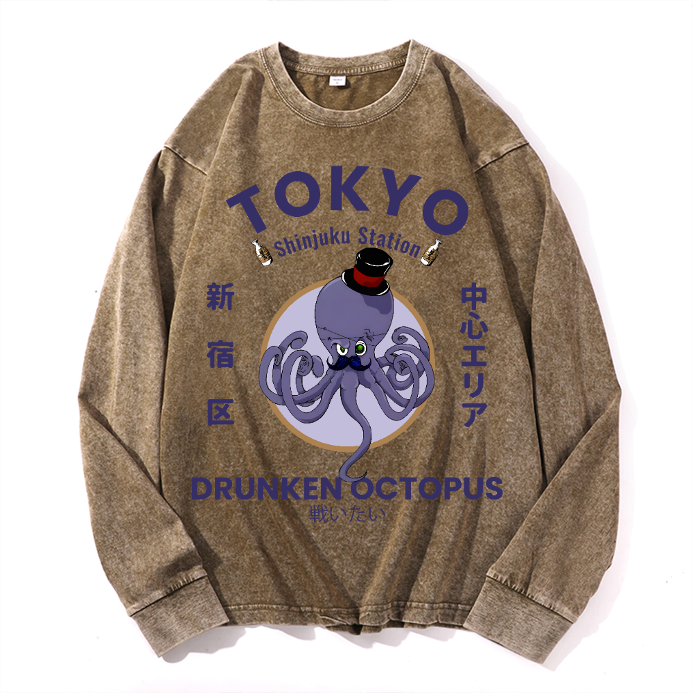 Tokyo Octopus Vintage Cotton Wash Crewneck Long-Sleeve T-Shirt