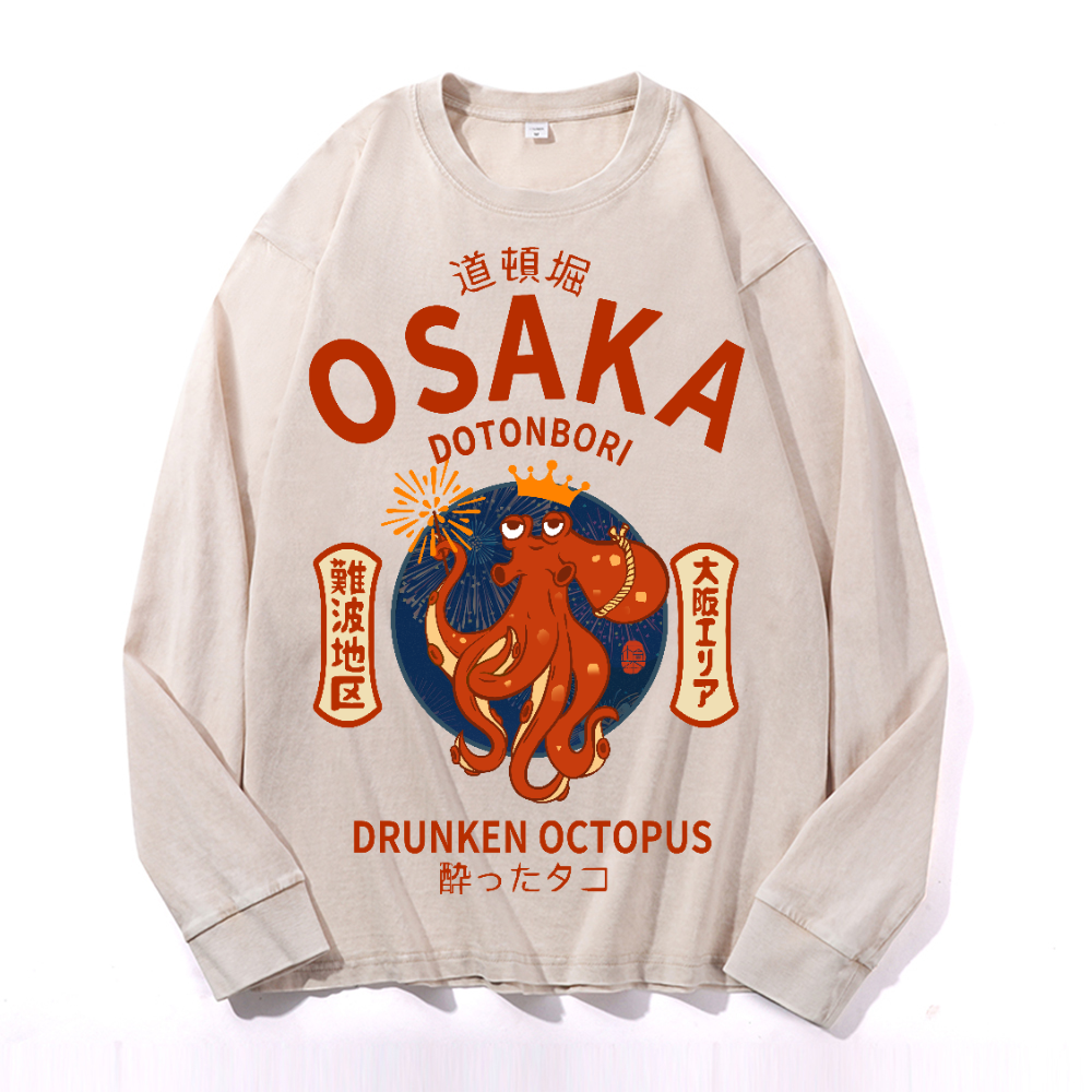 Osaka Dotonbori Drunken Octopus Vintage Cotton Wash Crewneck Long-Sleeve T-Shirt