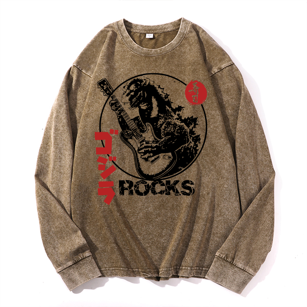 Rock Kaiju Vintage Cotton Wash Crewneck Long-Sleeve T-Shirt