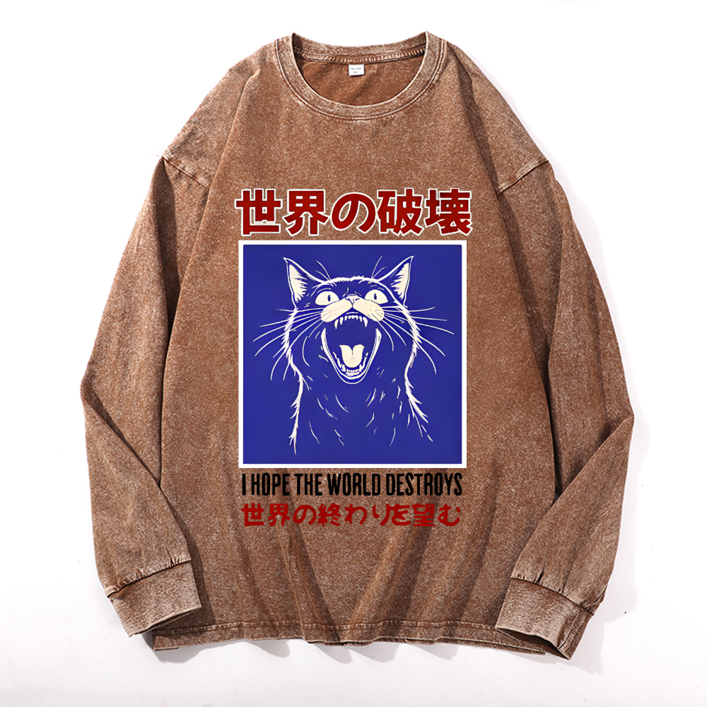 Cat Vintage Cotton Wash Crewneck Long-Sleeve T-Shirt