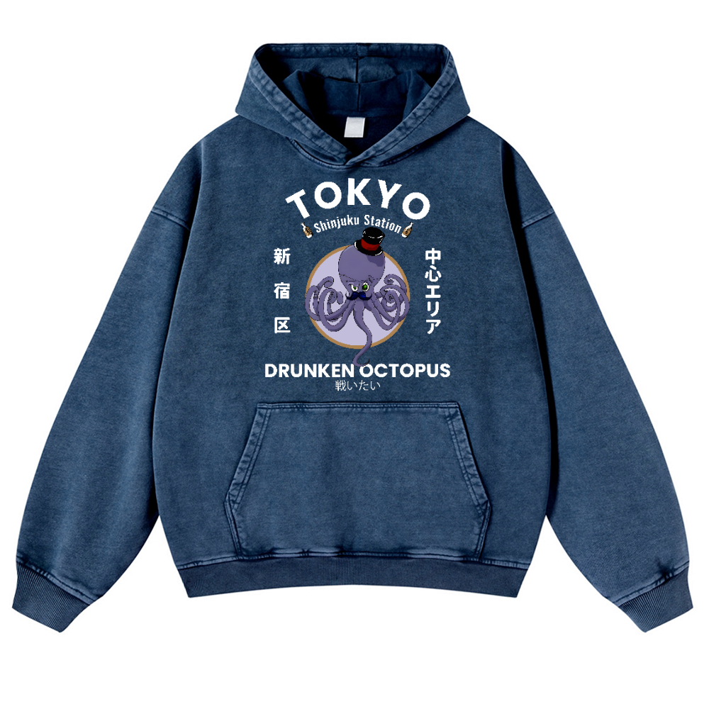 Tokyo Drunken Octopus Vintage Washed Thick Cotton Hoodie