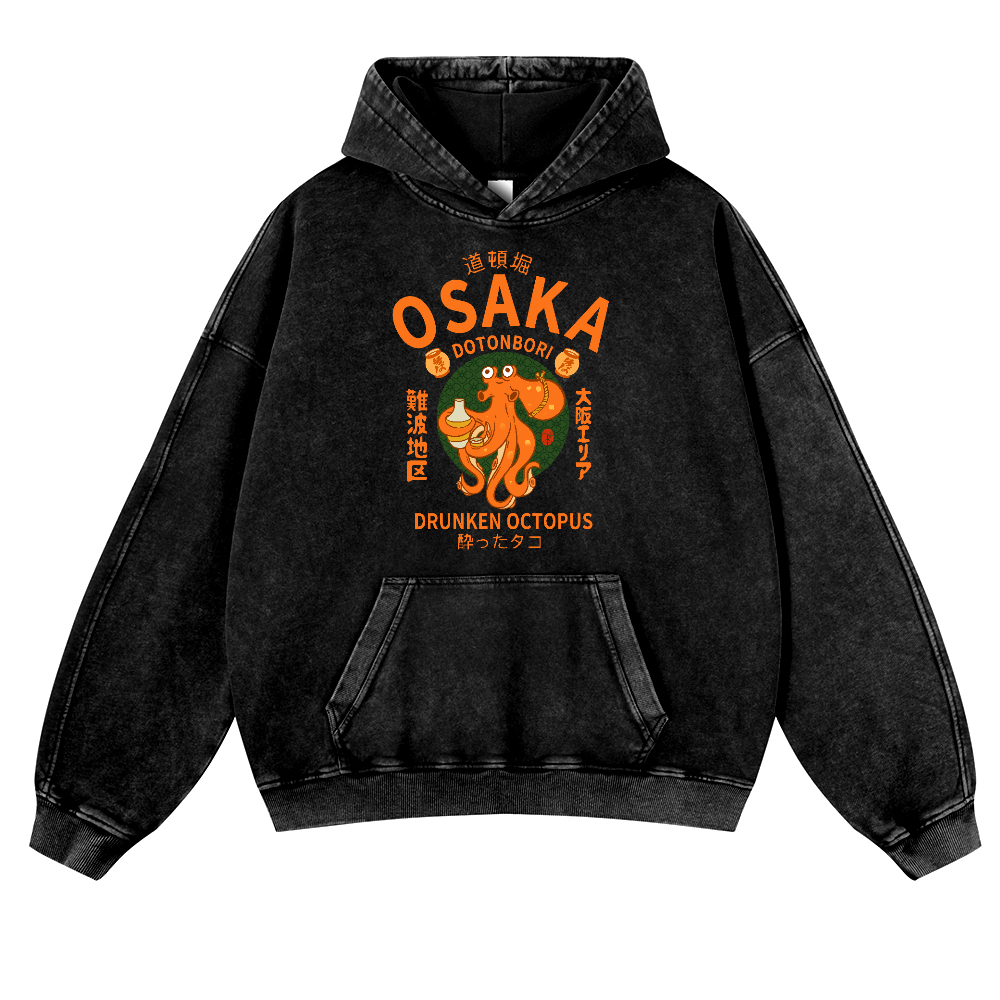 Osaka Dotonbori Drunken Octopus Vintage Washed Thick Cotton Hoodie