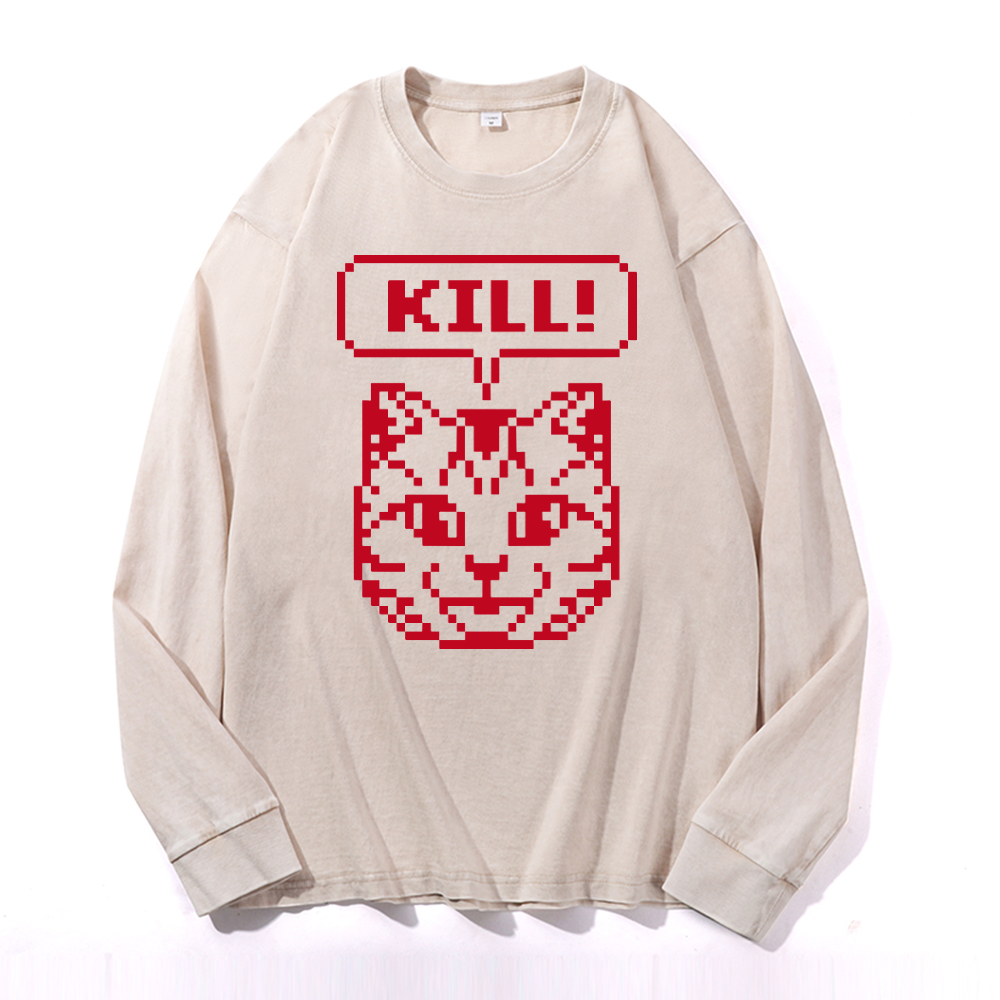 Cat Vintage Cotton Wash Crewneck Long-Sleeve T-Shirt