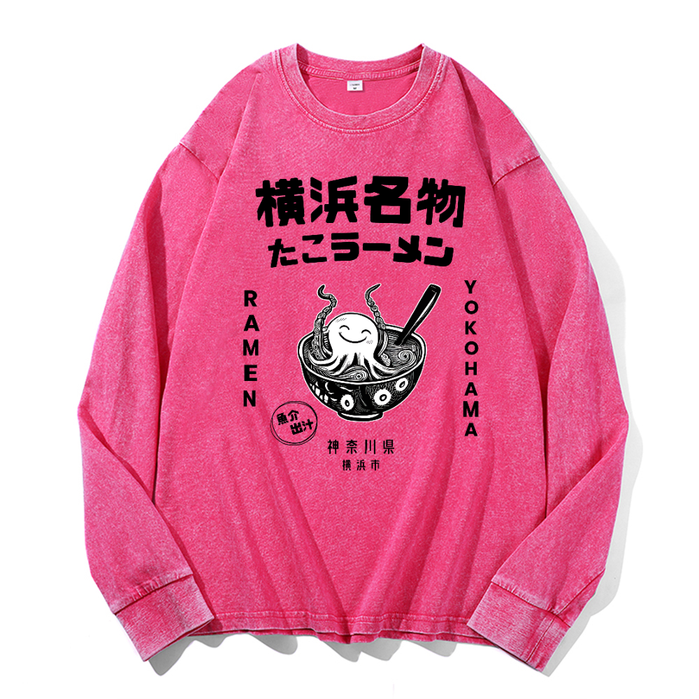 Yokohama Ramen Octopus Vintage Cotton Wash Crewneck Long-Sleeve T-Shirt