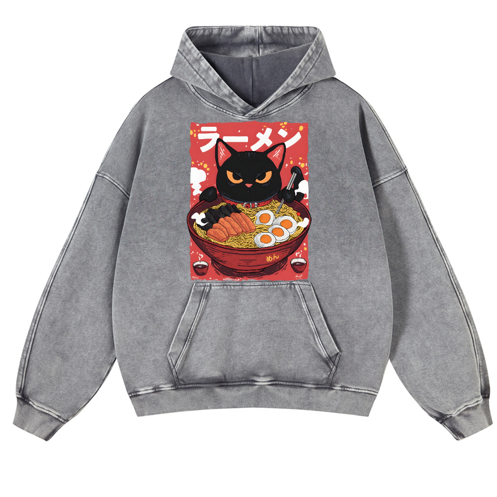 Cat Ramen Vintage Washed Thick Cotton Hoodie