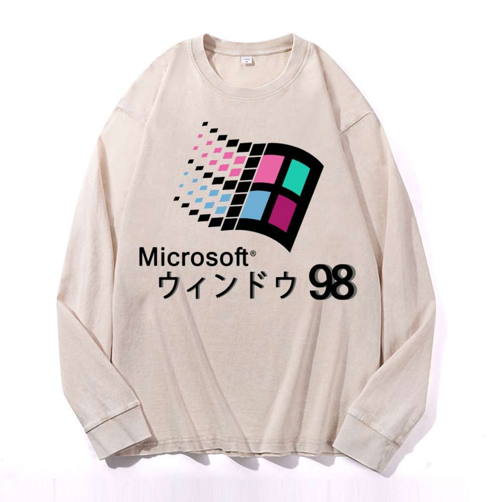 Microsoft Windows 98 Vintage Cotton Wash Crewneck Long-Sleeve T-Shirt