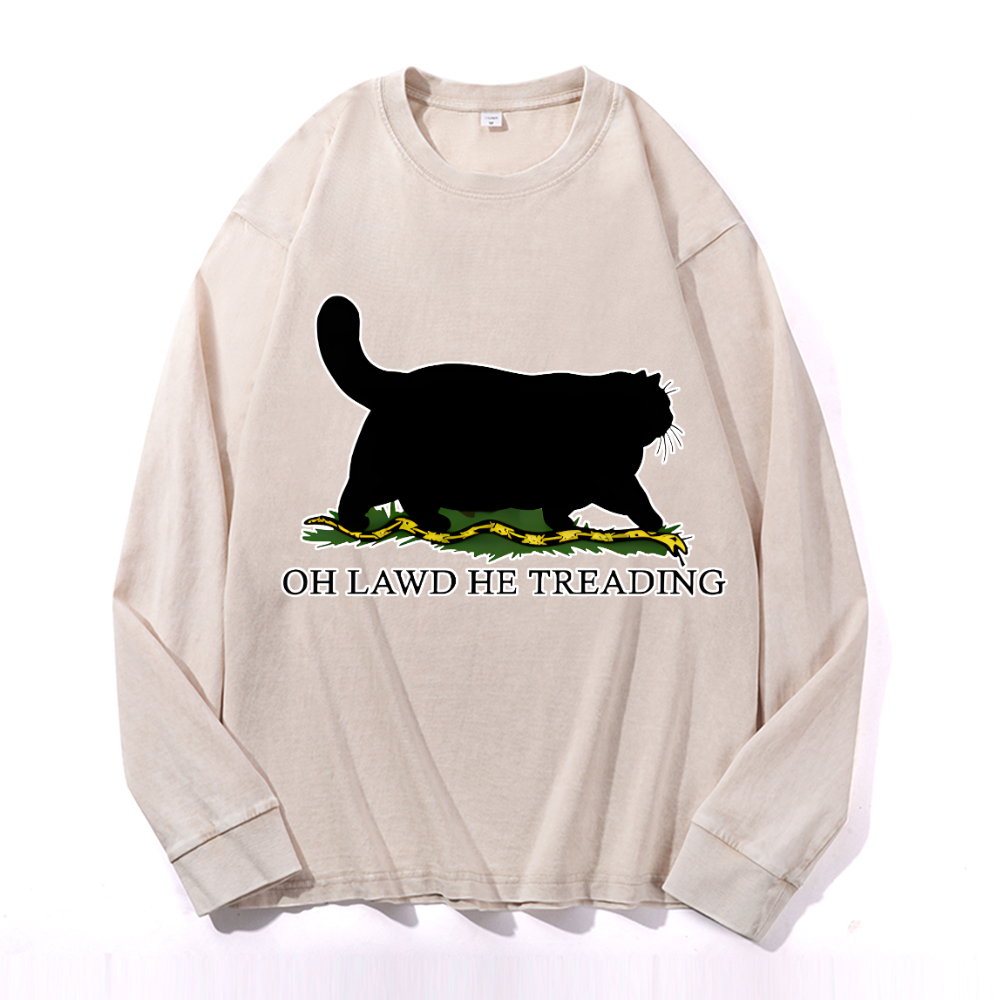 Black Cat Vintage Cotton Wash Crewneck Long-Sleeve T-Shirt