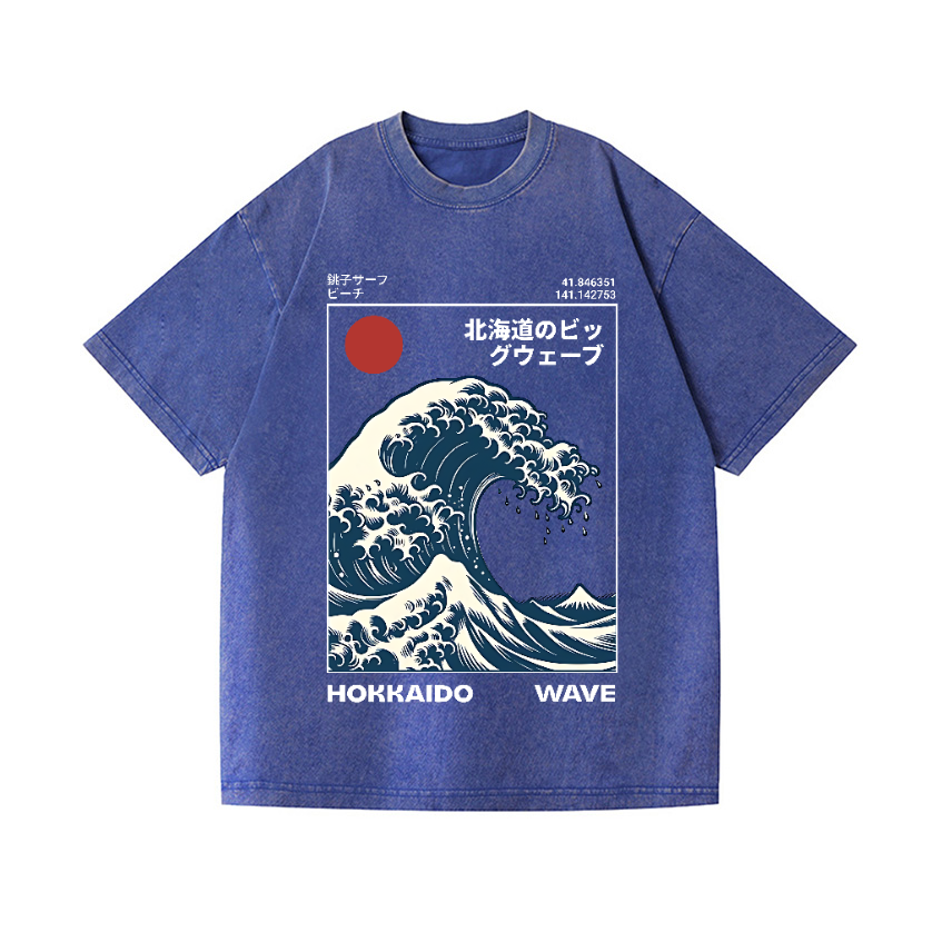Hokkaido Wave Ukiyoe Vintage Wash Japanese Design T-Shirt