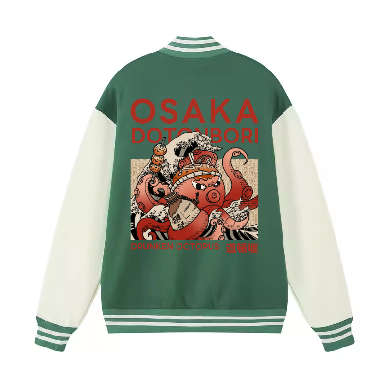 Osaka Dotonbori Drunken Octopus Vintage Cotton Varsity Jacket