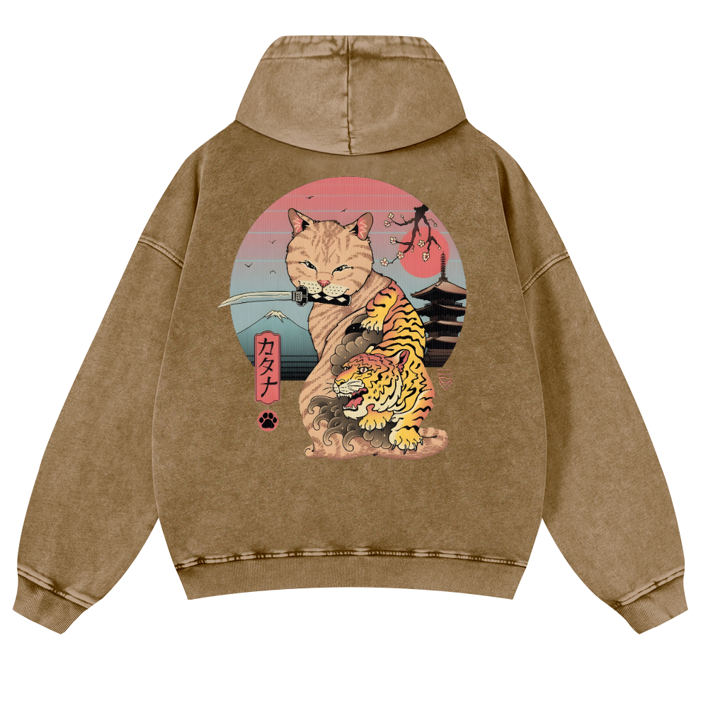 Japanese Cat Tiger Vintage Washed Cotton Back Art Hoodie