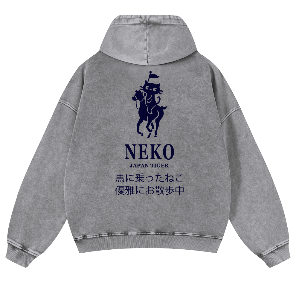 Neko Cat Vintage Washed Cotton Back Art Hoodie