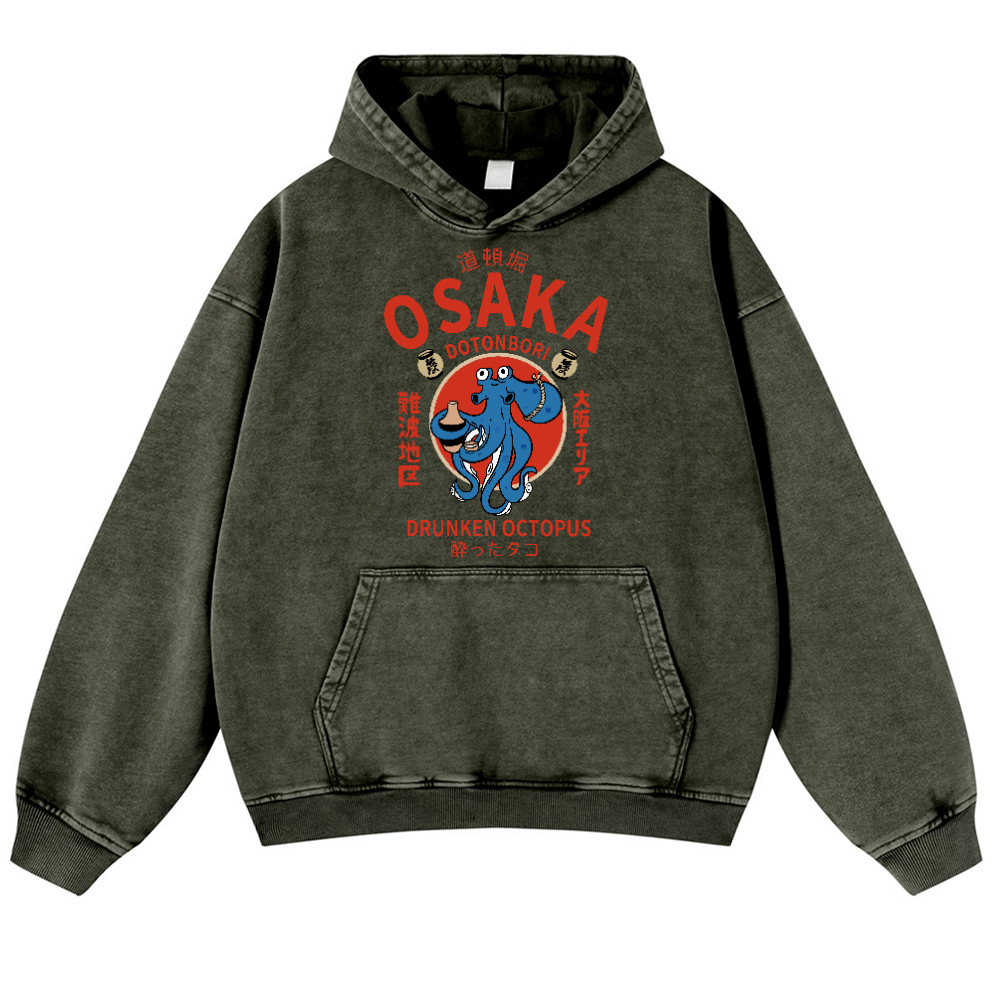 Osaka Drunken Octopus Vintage Washed Thick Cotton Hoodie