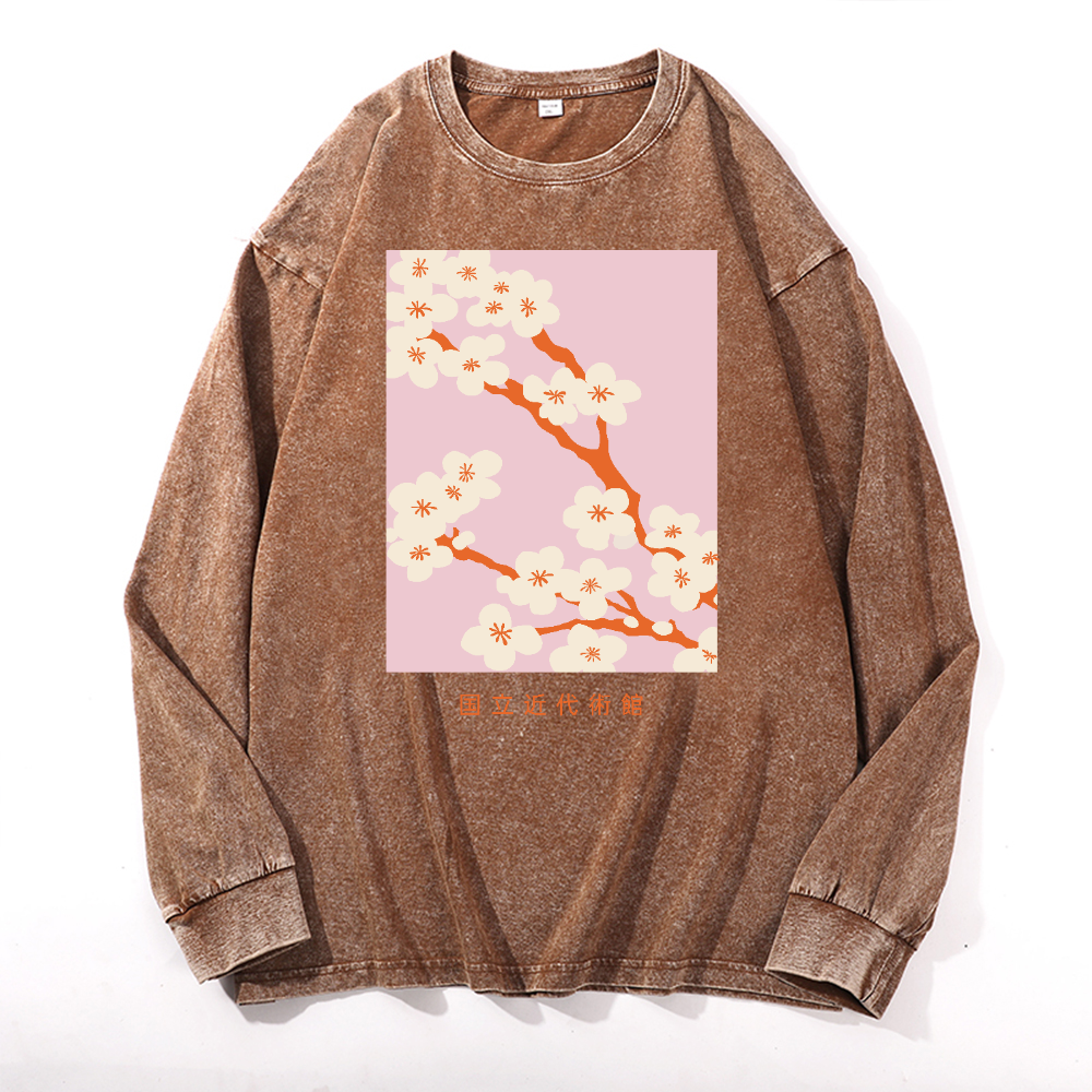 Sakura Vintage Cotton Wash Crewneck Long-Sleeve T-Shirt