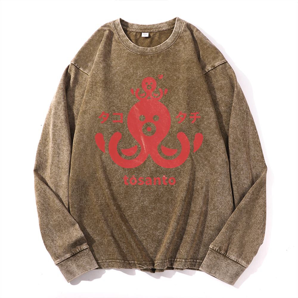 Tosanto Octopus Vintage Cotton Wash Crewneck Long-Sleeve T-Shirt