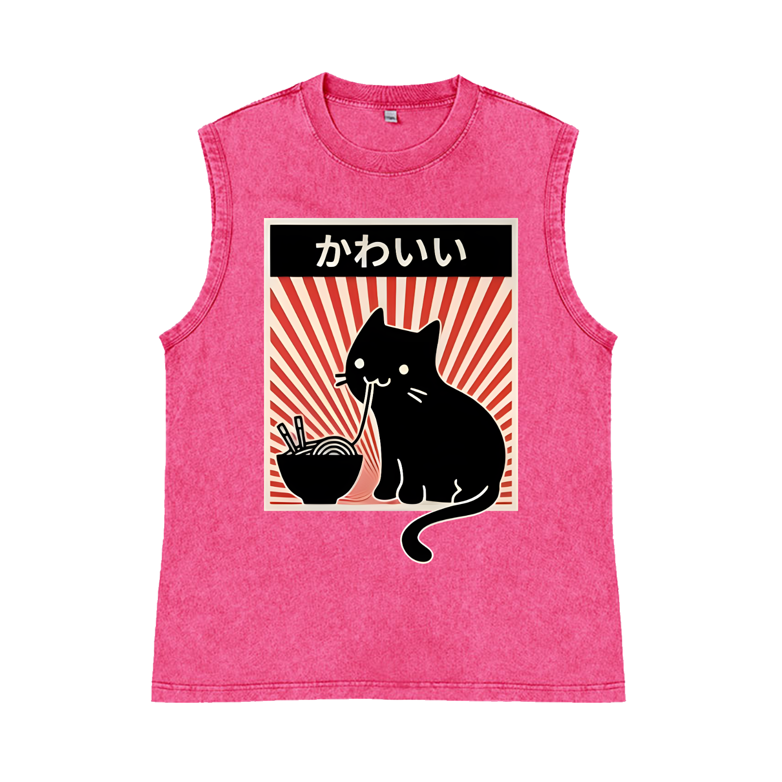 Ramen And Cat Pure Cotton Wash-Dyed Sleeveless Tank Top