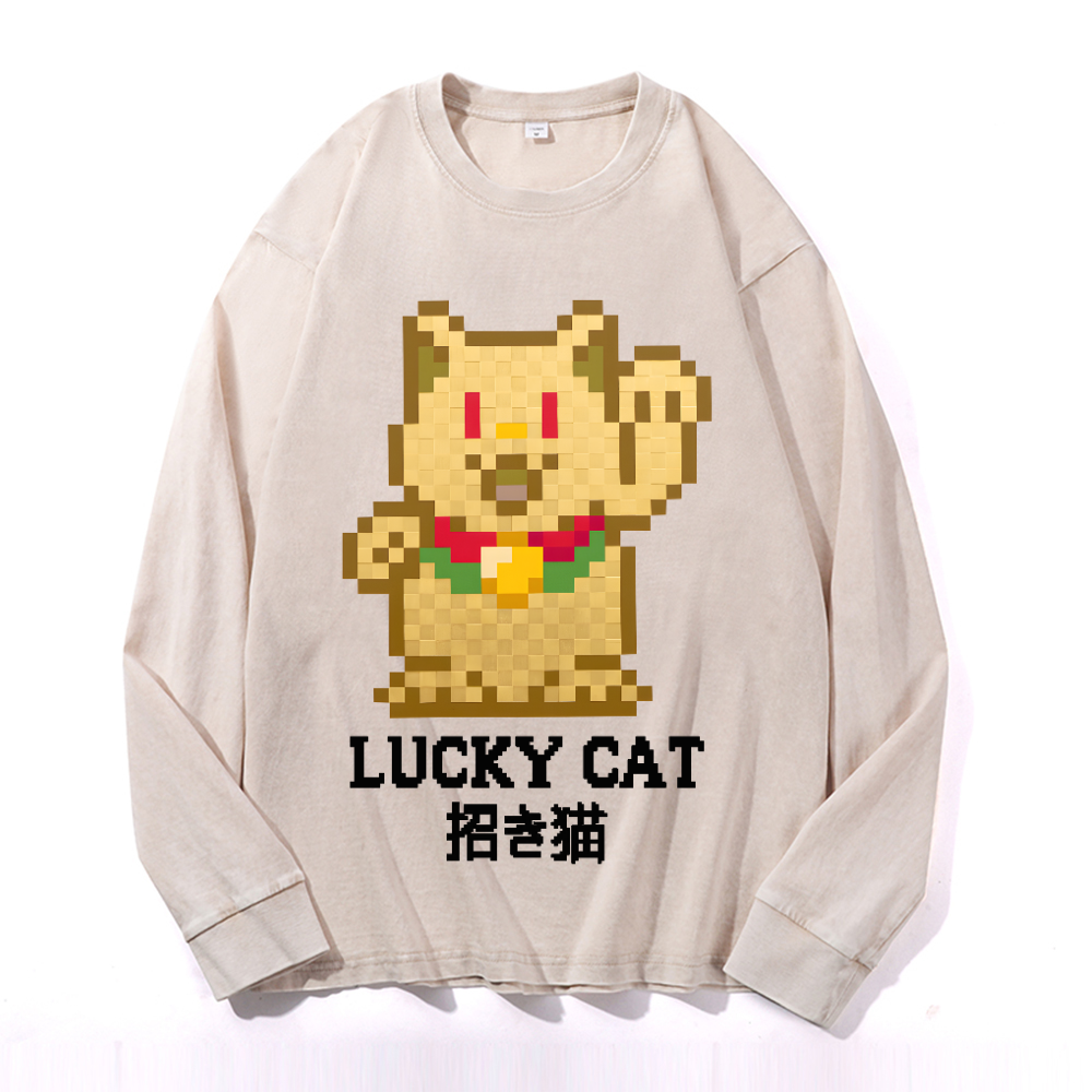 Mosaic Lucky Cat Vintage Cotton Wash Long-sleeve T-shirt
