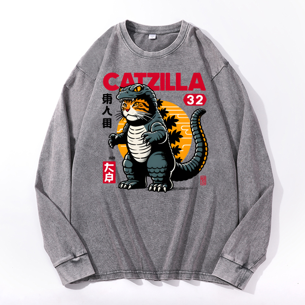 Catzilla Cat Kaiju Vintage Cotton Wash Crewneck Long-Sleeve T-Shirt
