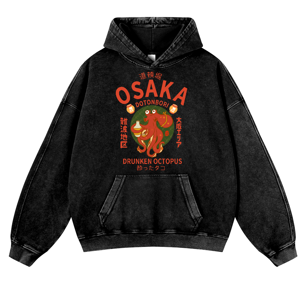 Osaka Dotonbori Drunken Octopus Vintage Washed Thick Cotton Hoodie