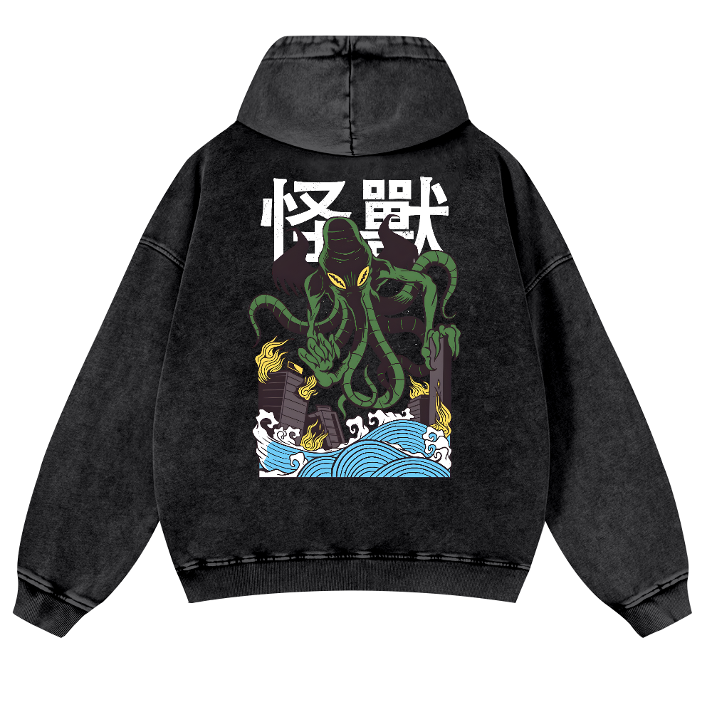 Octopus Monster Vintage Washed Cotton Back Art Hoodie