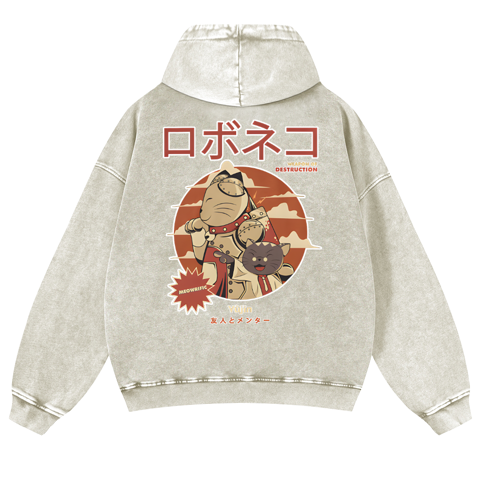 Cat Anime Vintage Washed Cotton Back Art Hoodie