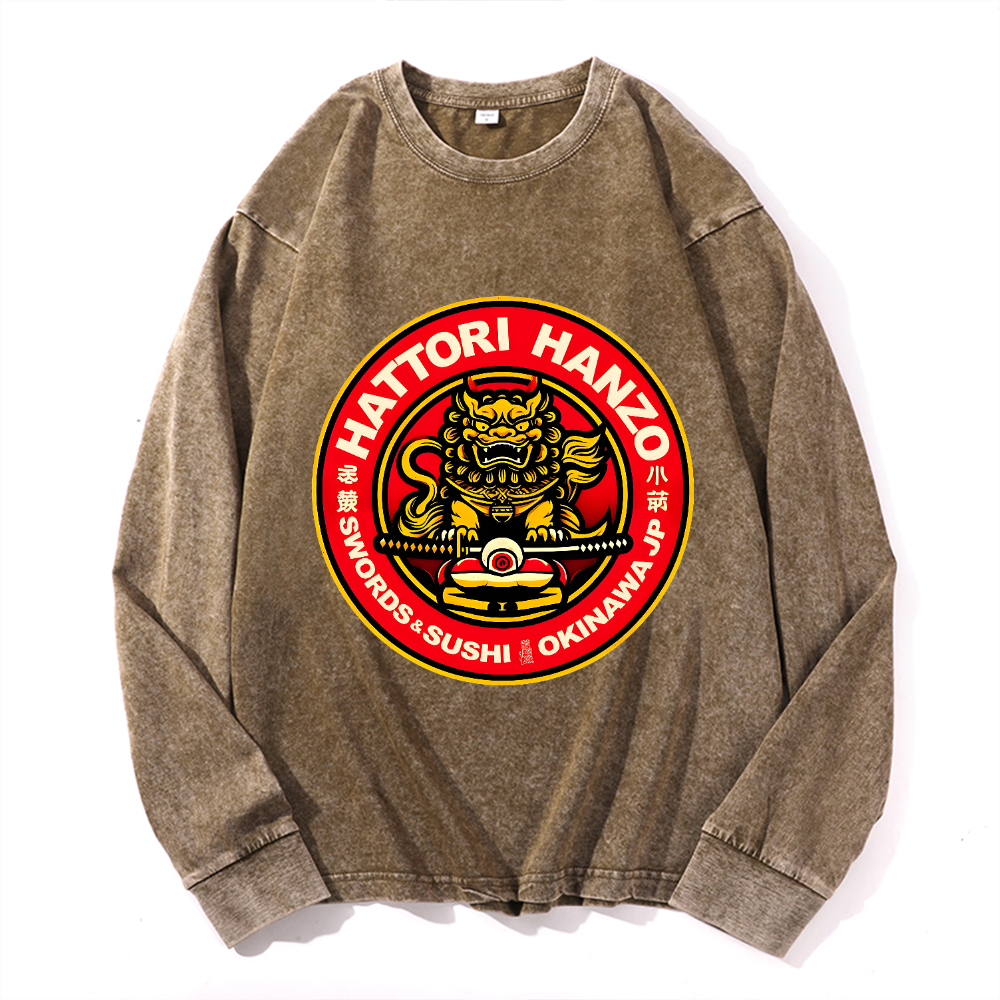 Hattori Hanzo Komainu Okinawa Japan Vintage Cotton Wash Crewneck Long-Sleeve T-Shirt
