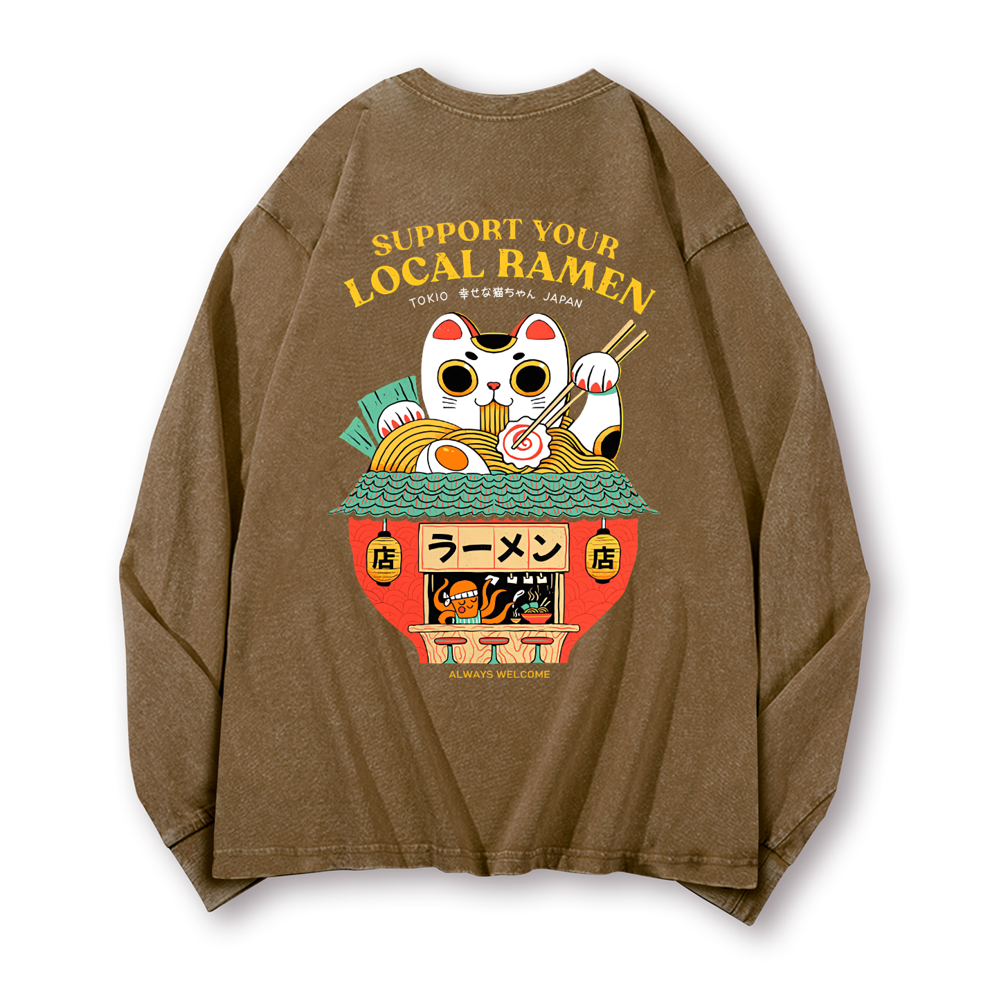 Ramen Lucky Cat Vintage Washed Cotton Back Art Long-sleeve T-shirt