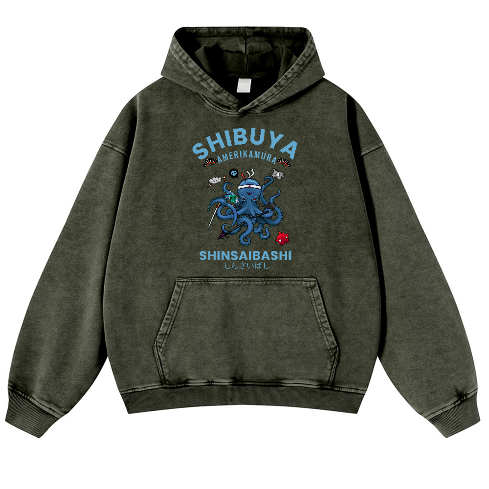 Shibuya Octopus Vintage Washed Thick Cotton Hoodie