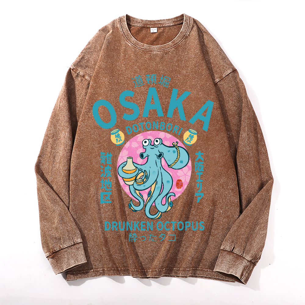 Osaka Dotonbori Drunken Octopus Vintage Cotton Wash Crewneck Long-Sleeve T-Shirt