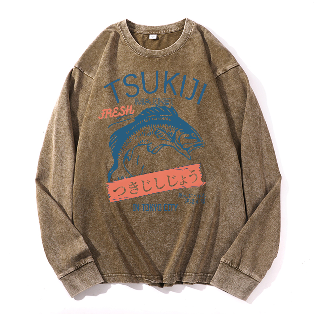 Tsukiji Market Vintage Cotton Wash Crewneck Long-Sleeve T-Shirt