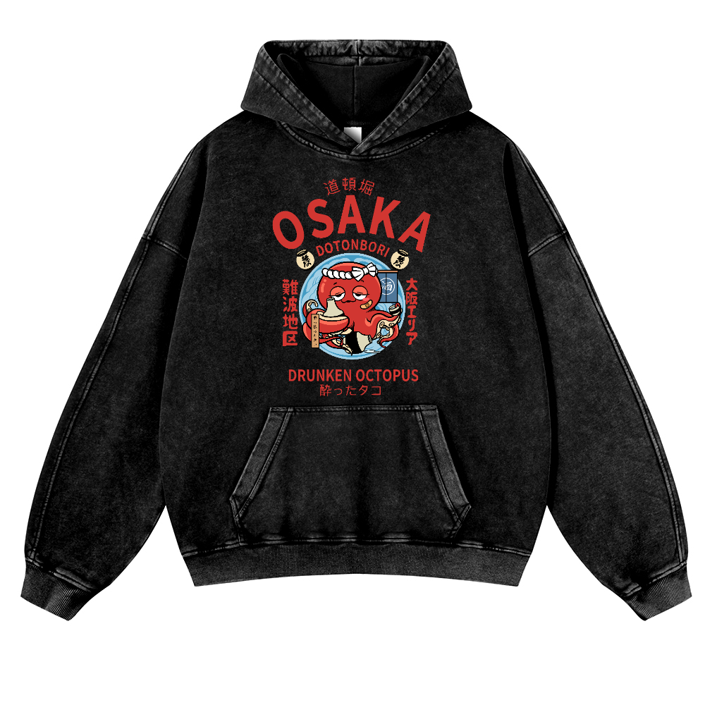 Osaka Dotonbori Drunken Octopus Vintage Washed Thick Cotton Hoodie