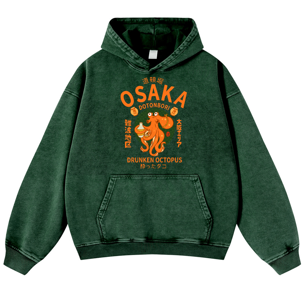 Osaka Dotonbori Drunken Octopus Vintage Washed Thick Cotton Hoodie