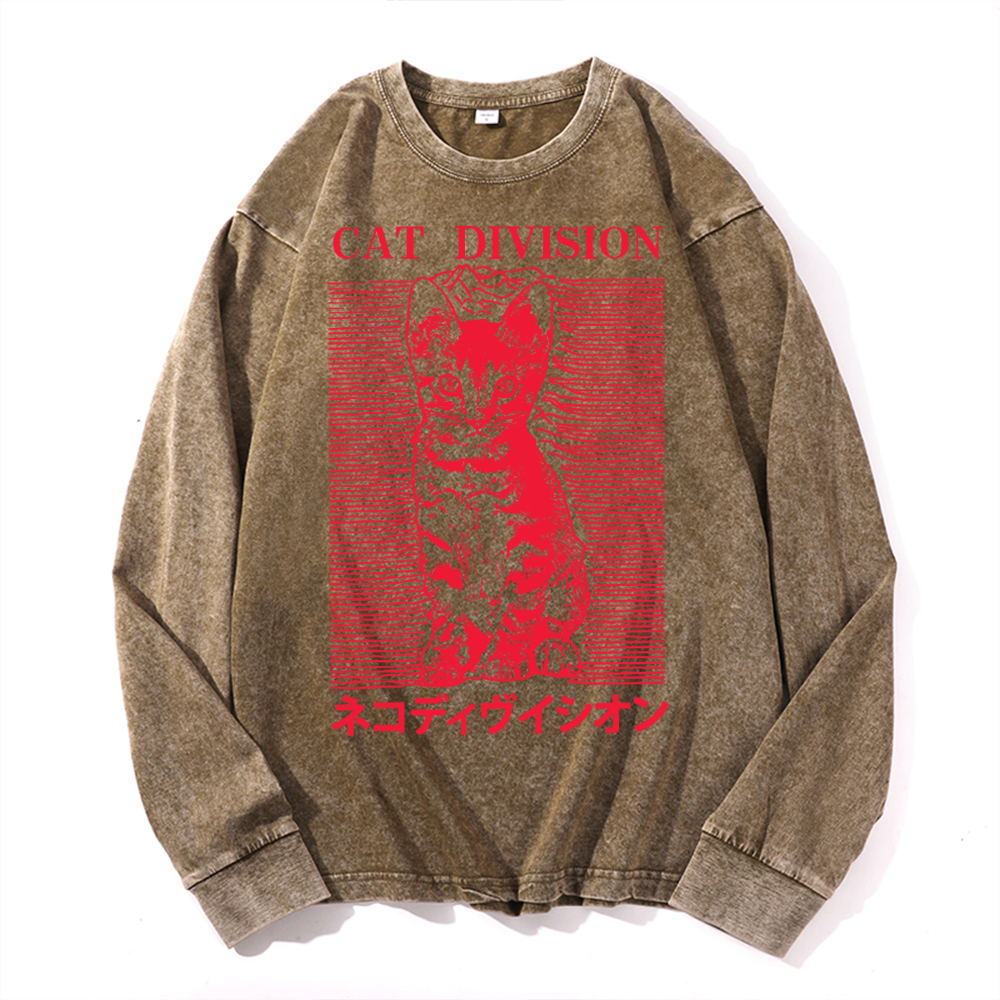 Cat Division Vintage Cotton Wash Crewneck Long-Sleeve T-Shirt
