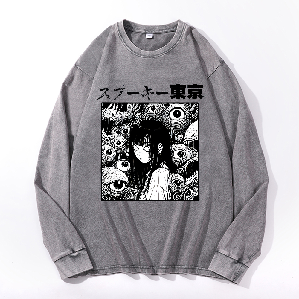 Horror manga Vintage Cotton Wash Crewneck Long-Sleeve T-Shirt