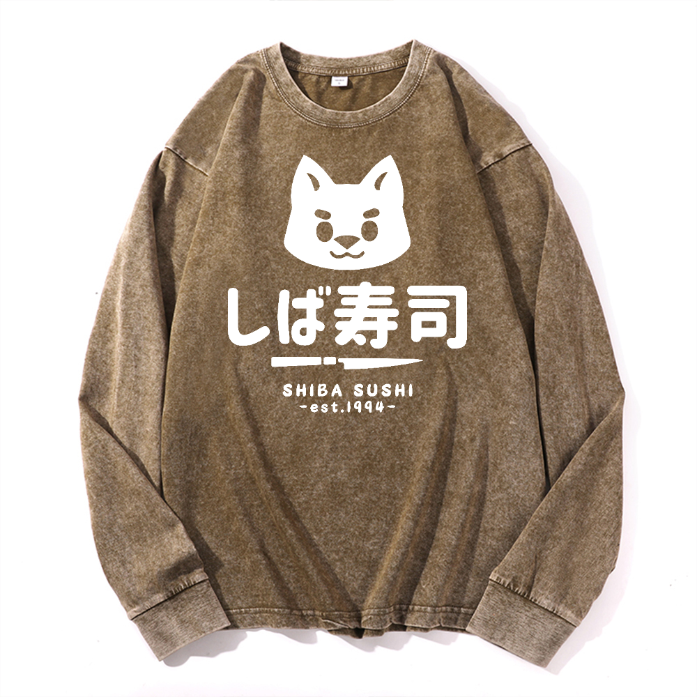 Shiba Sushi Vintage Cotton Wash Crewneck Long-Sleeve T-Shirt