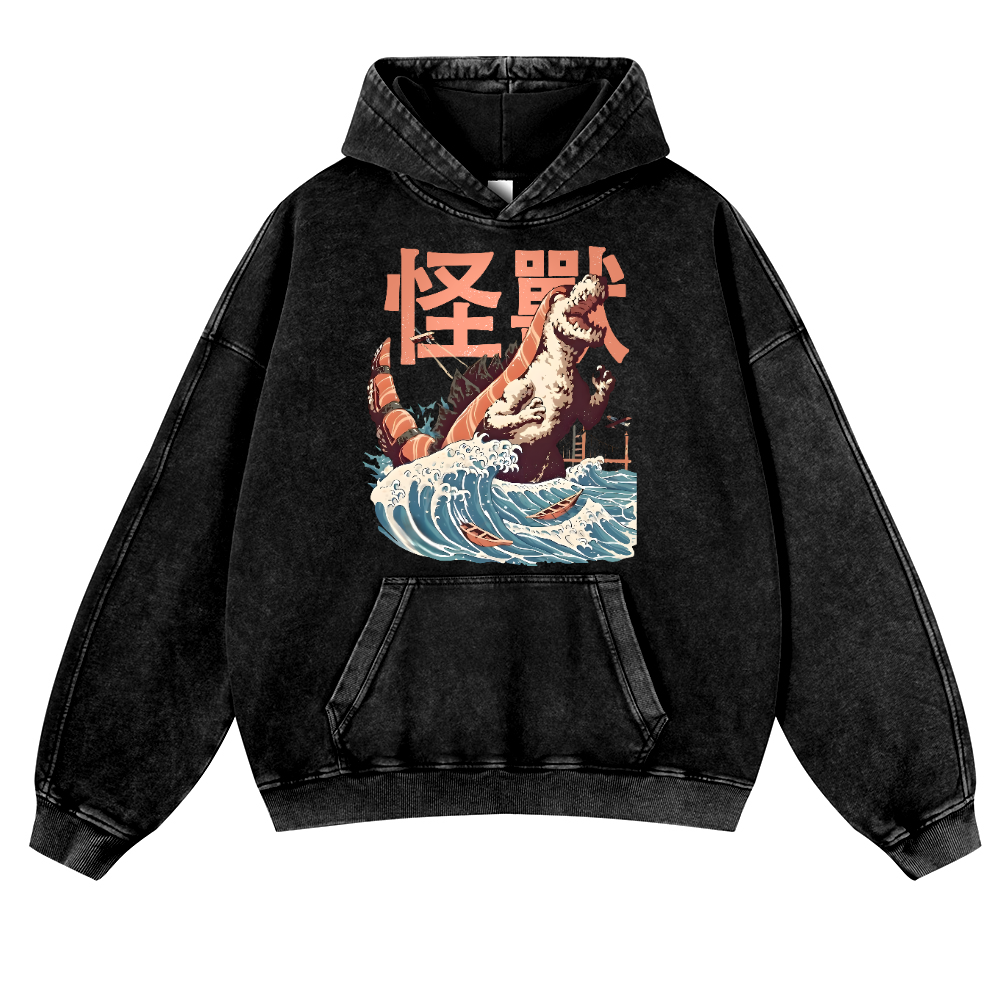 Kaiju Sushi Monster Wave Vintage Washed Thick Cotton Hoodie