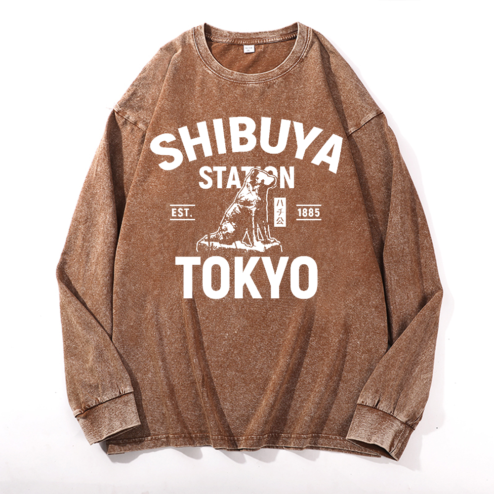 Shibuya Hachiko Vintage Cotton Wash Crewneck Long-Sleeve T-Shirt