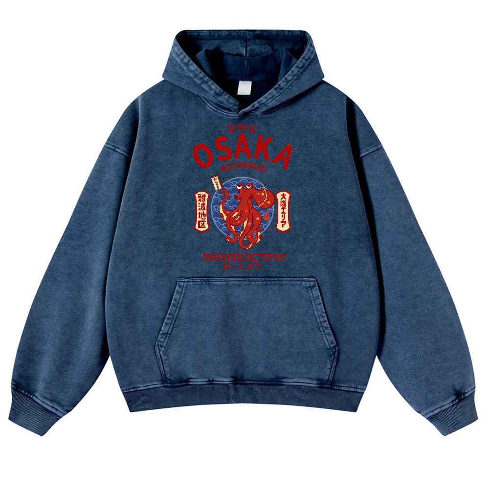 Osaka Dotonbori Drunken Octopus Vintage Washed Thick Cotton Hoodie