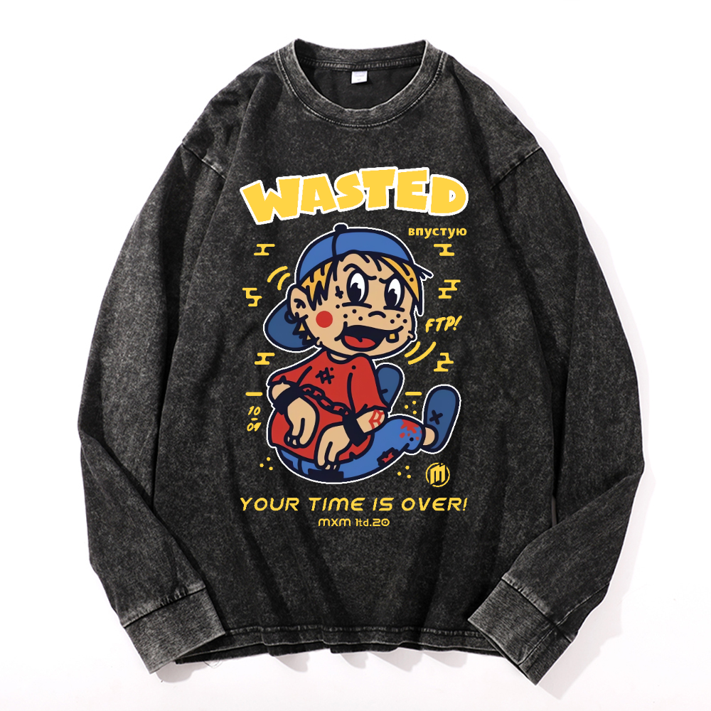 Wasted Vintage Cotton Wash Crewneck Long-Sleeve T-Shirt