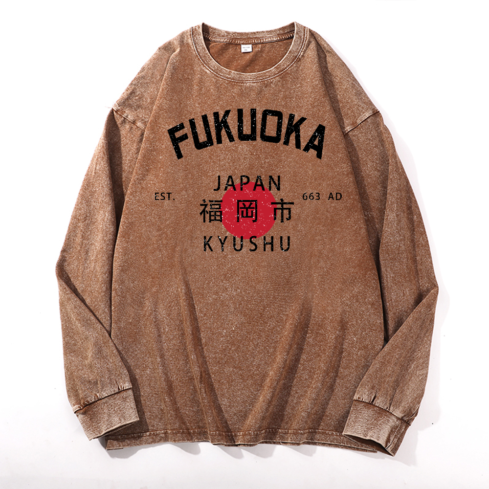 Fukuoka Vintage Cotton Wash Crewneck Long-Sleeve T-Shirt
