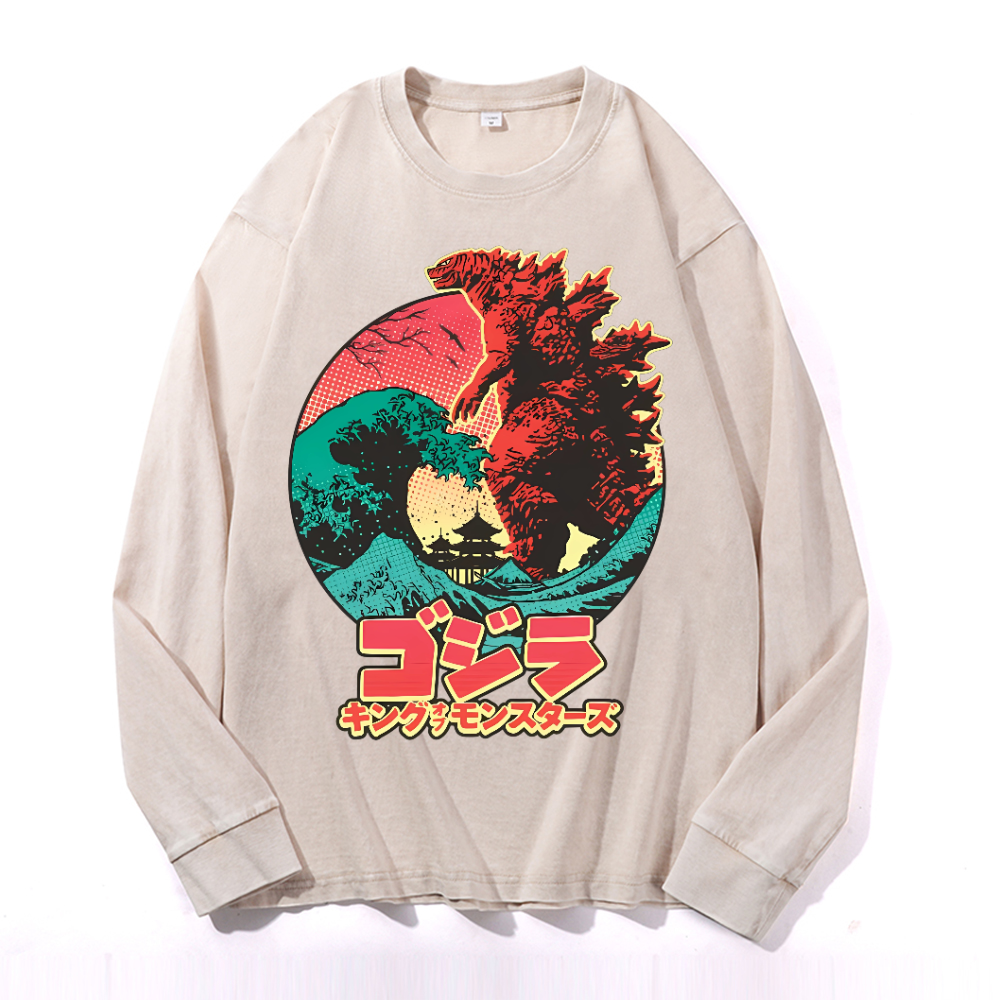 Kaiju Wave Vintage Cotton Wash Crewneck Long-Sleeve T-Shirt