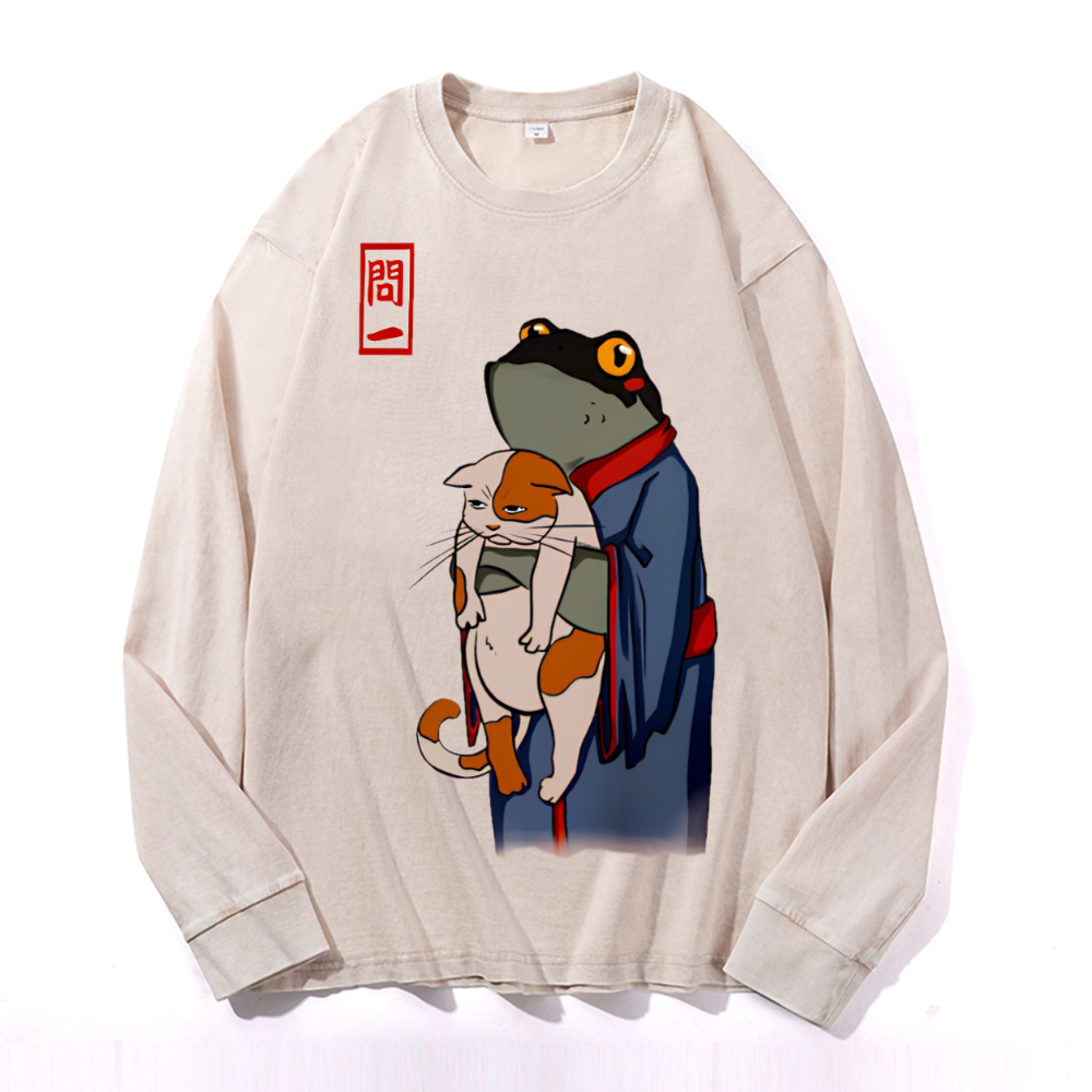 Frog Cat Vintage Cotton Wash Crewneck Long-Sleeve T-Shirt